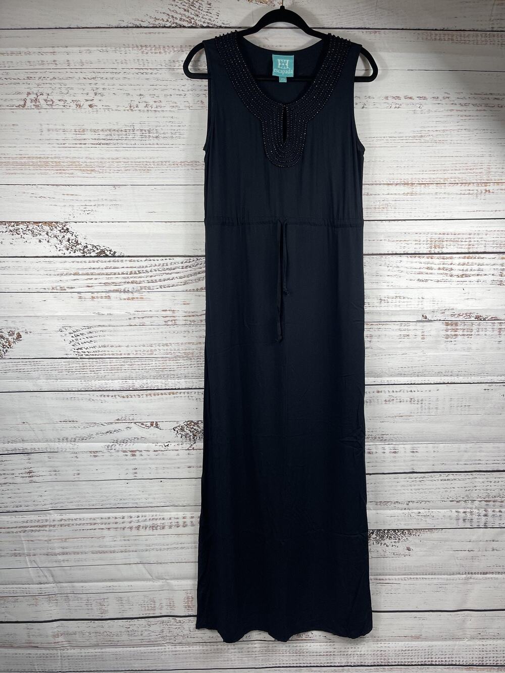 Escapada Dress Women's XS Black Beaded Scoop Neck Maxi Pockets Sleeveless Rayon